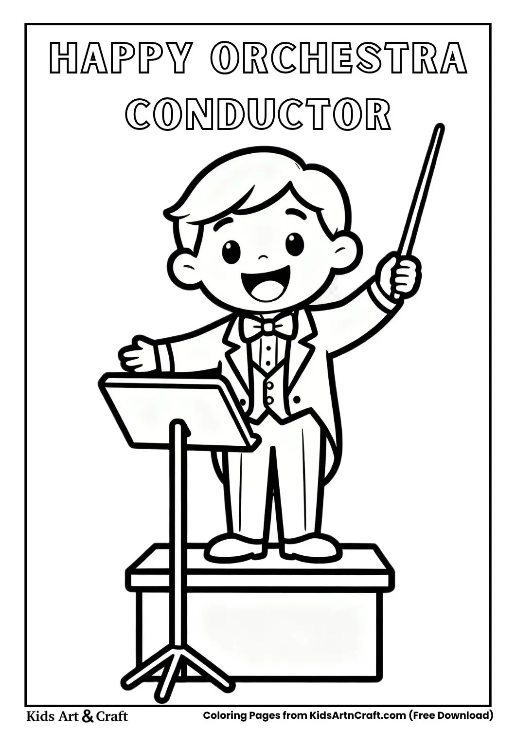 cartoon orchestra conductor standing on a podium with baton black and white coloring page for kids