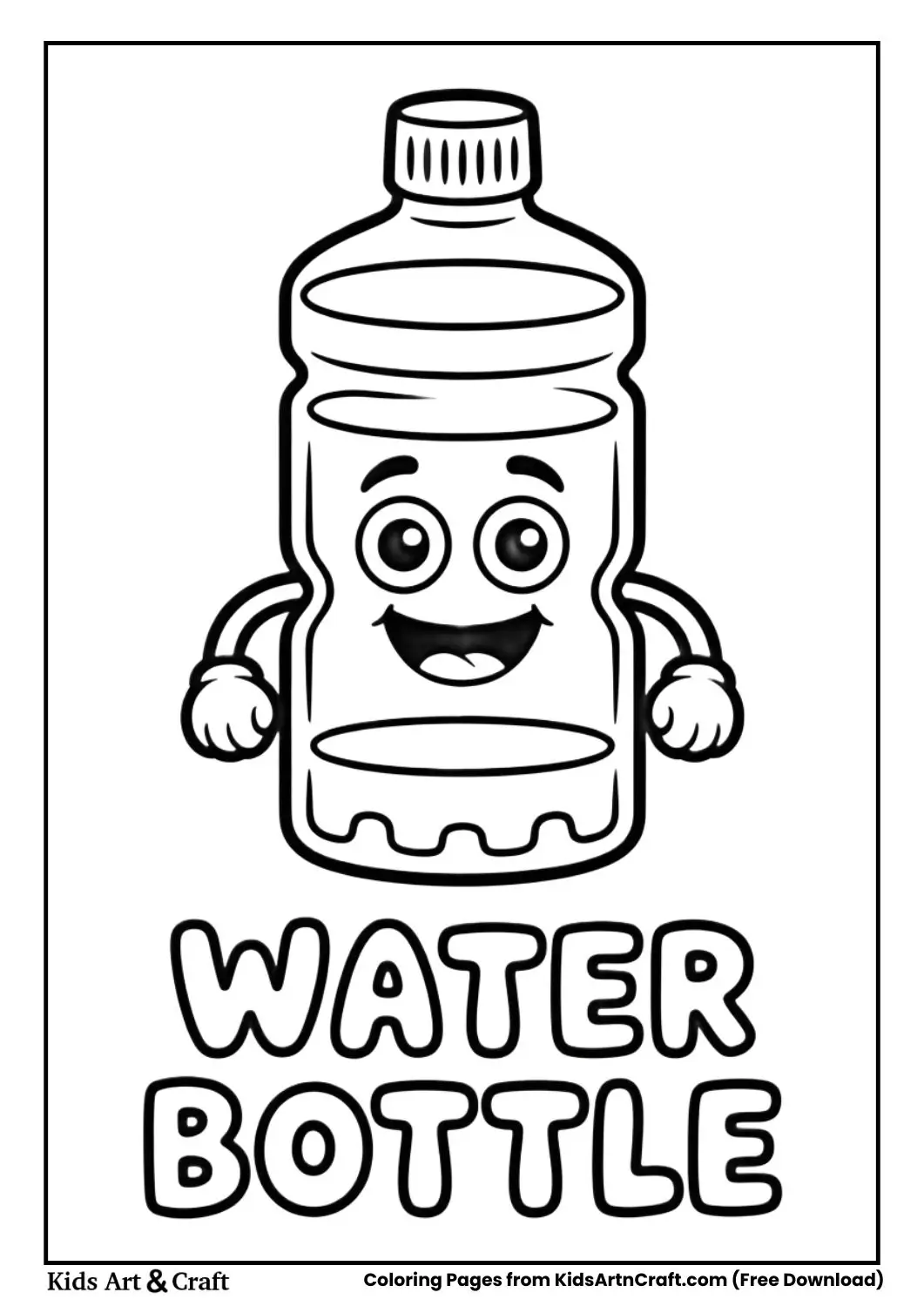 Happy water bottle with funny face kids coloring page