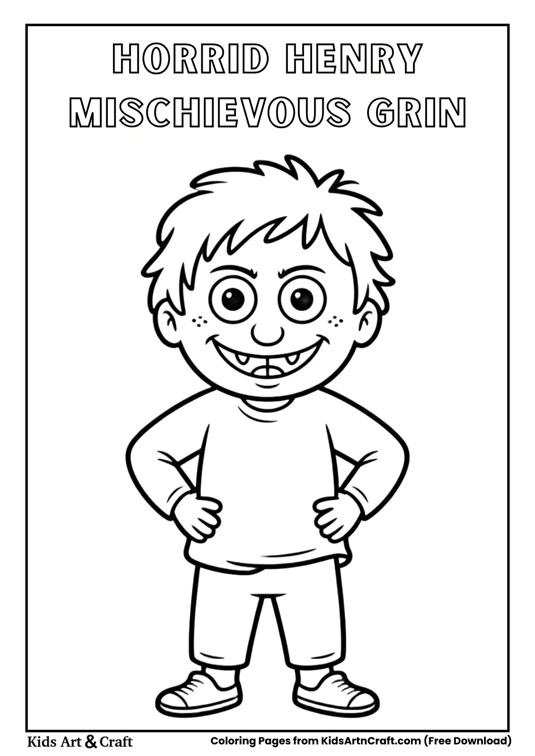 Horrid Henry standing with a mischievous grin cartoon black and white coloring page