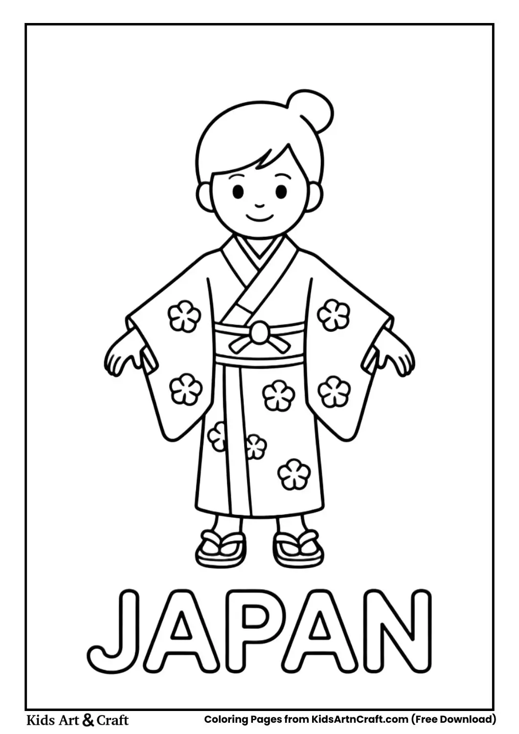 Child wearing traditional Japanese kimono coloring page with country name Japan