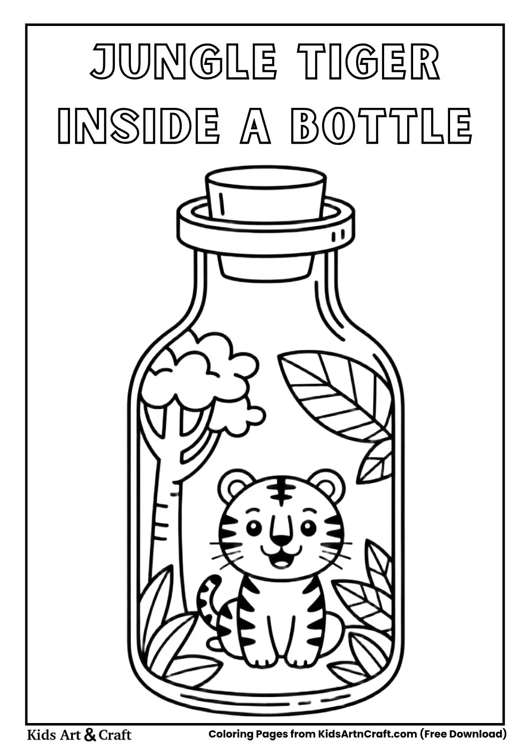 jungle inside a bottle tiger black and white coloring page for kids
