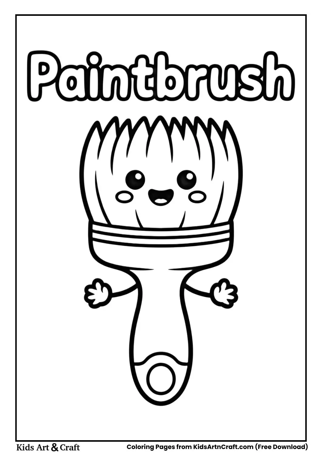 kawaii cartoon paintbrush coloring page for kids black and white