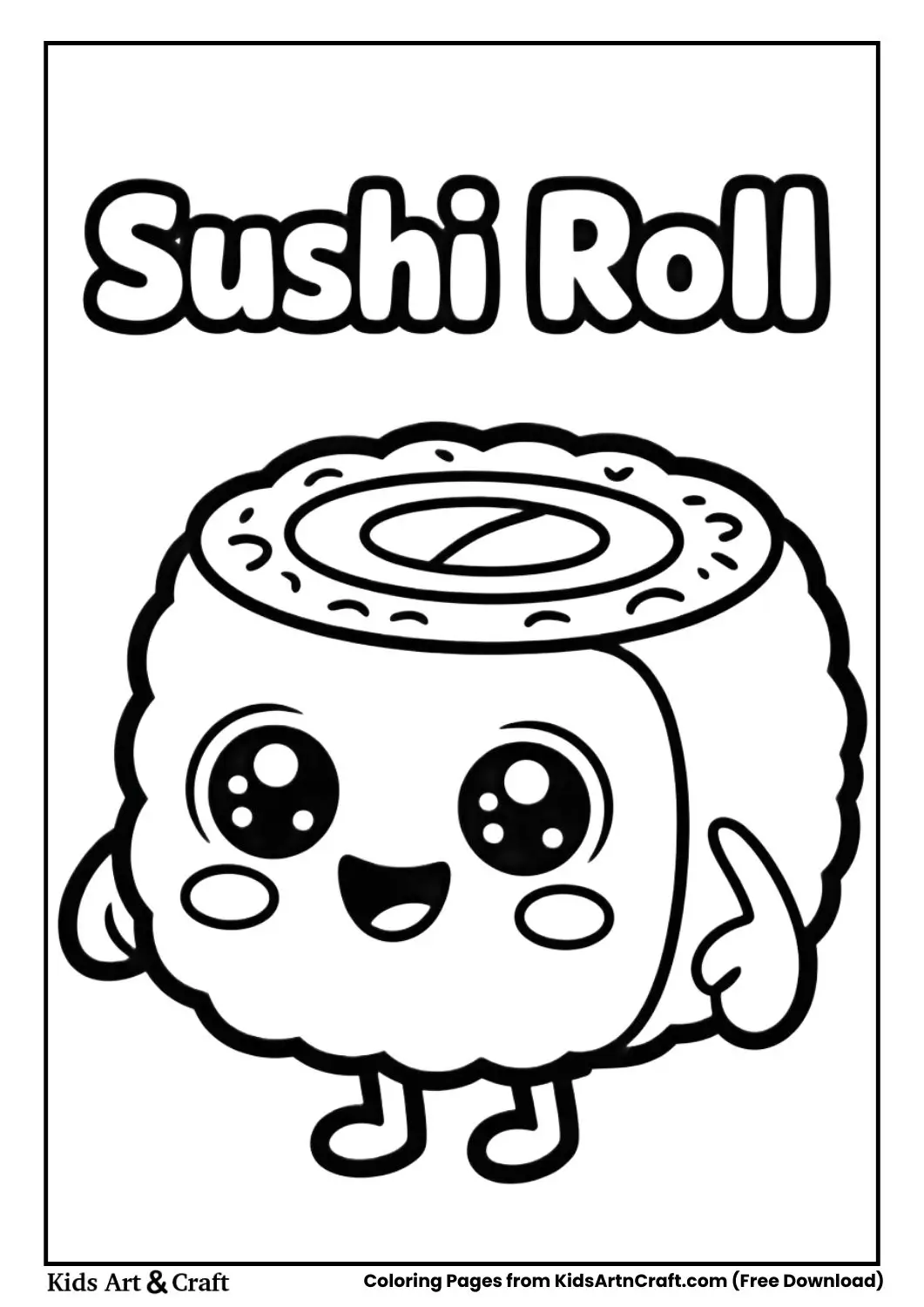 kawaii sushi roll smiling black and white coloring page for kids