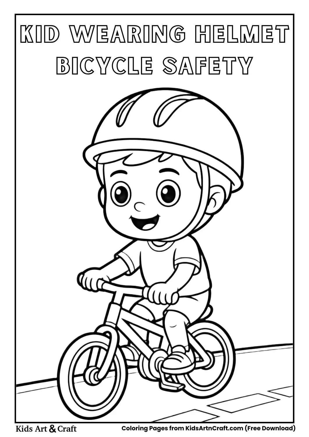 child wearing helmet riding bicycle road safety coloring page