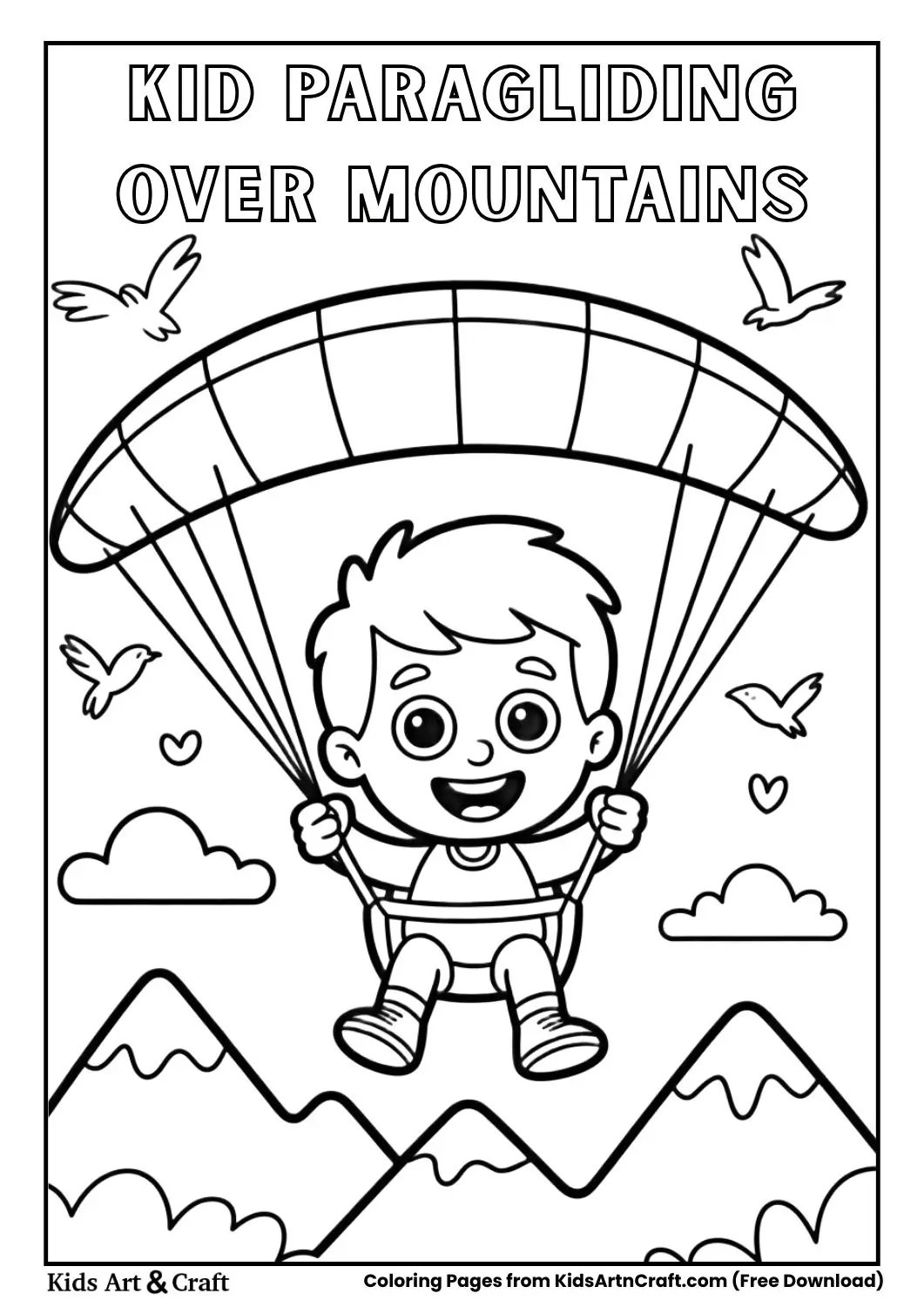 Kid happily paragliding over mountains with clouds and birds coloring page.