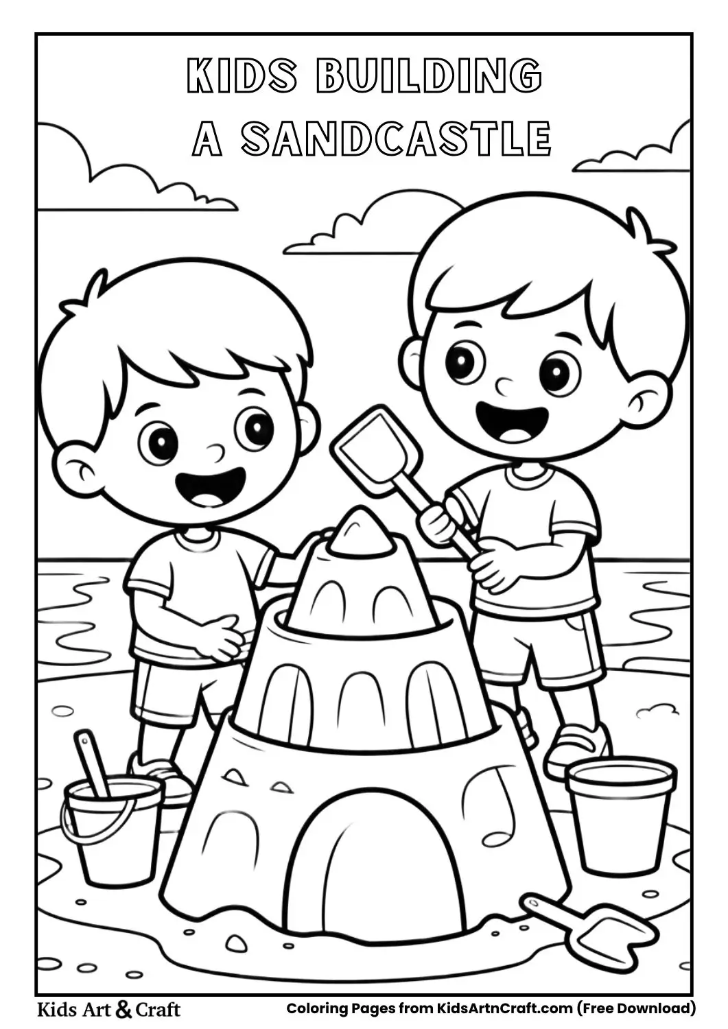 kids building a sandcastle on the beach coloring page