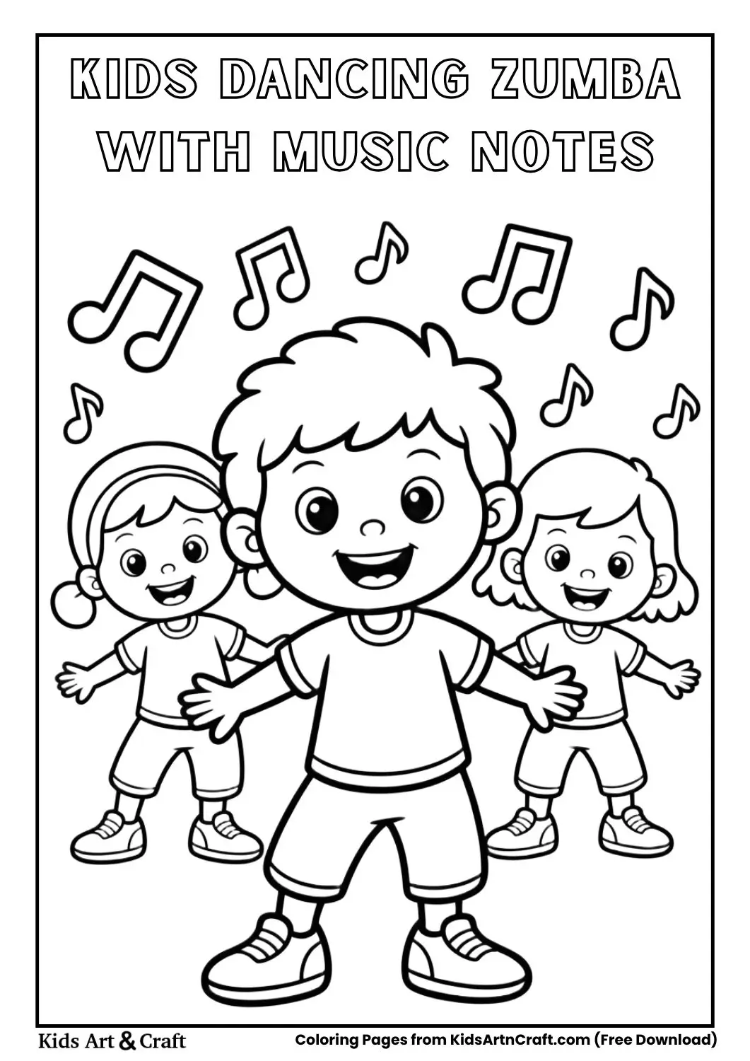 Kids dancing Zumba with floating music notes black and white coloring page