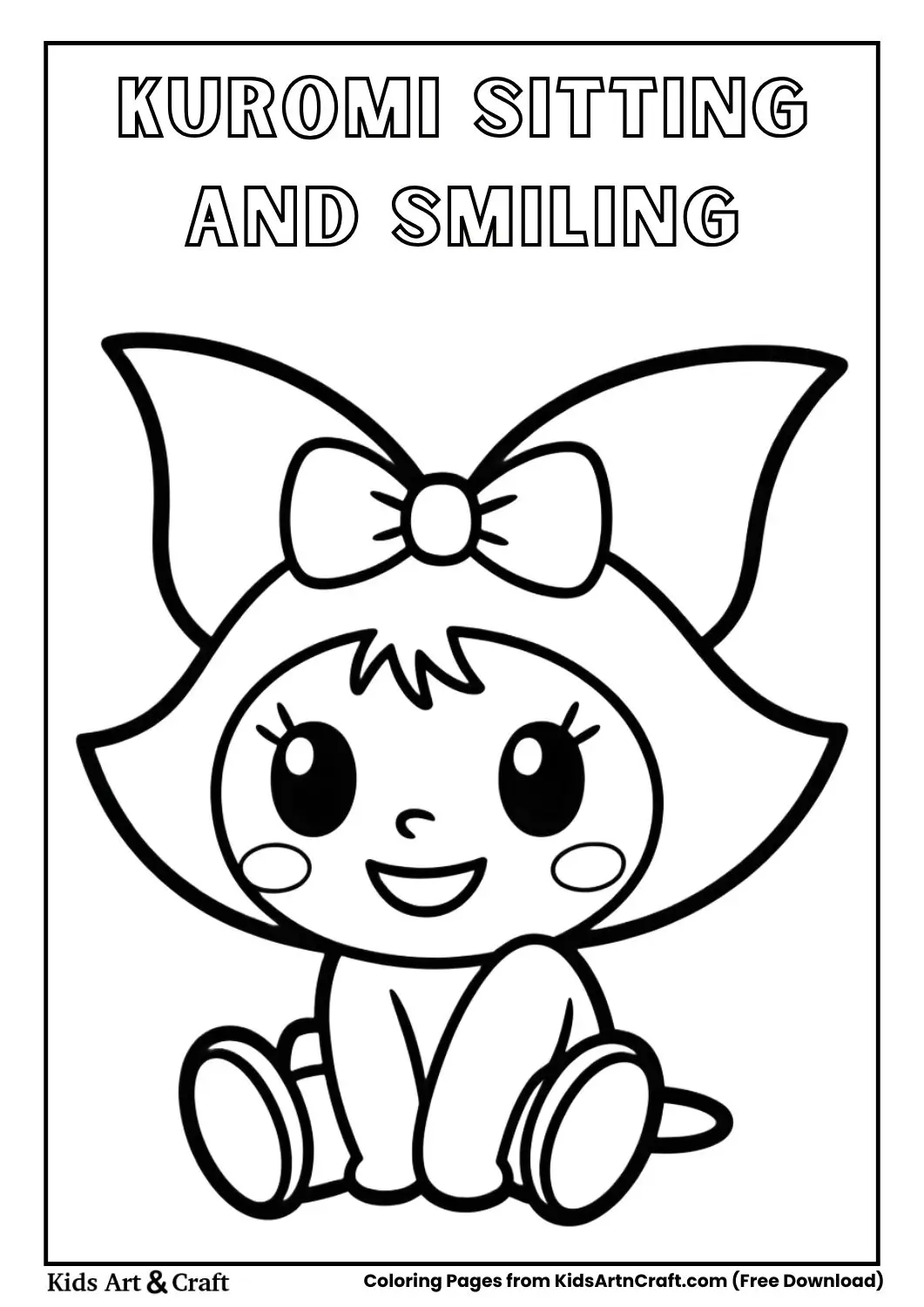 Cute Kuromi sitting and smiling black and white coloring page for kids