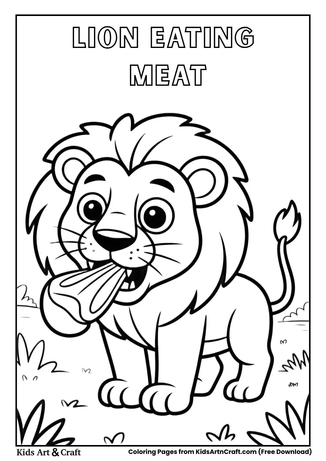 Lion eating meat simple outline coloring page for kids