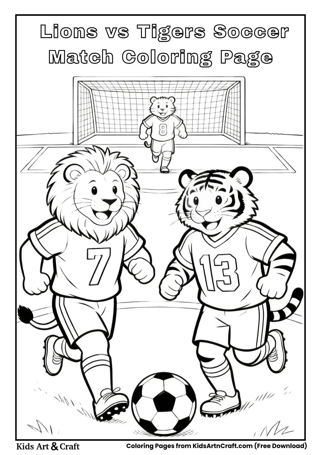 Black and white coloring page of lion and tiger teams playing soccer with bold outlines and simple field