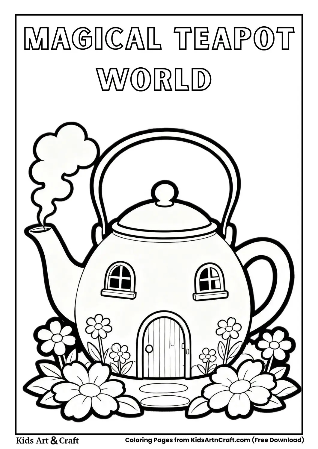 simple magic teapot house coloring page with flowers and windows