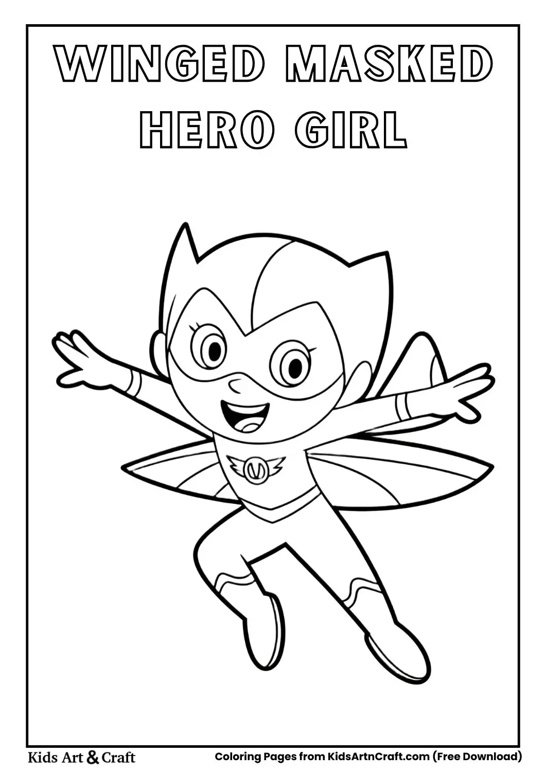 Cartoon masked superhero girl with wings in action pose coloring page