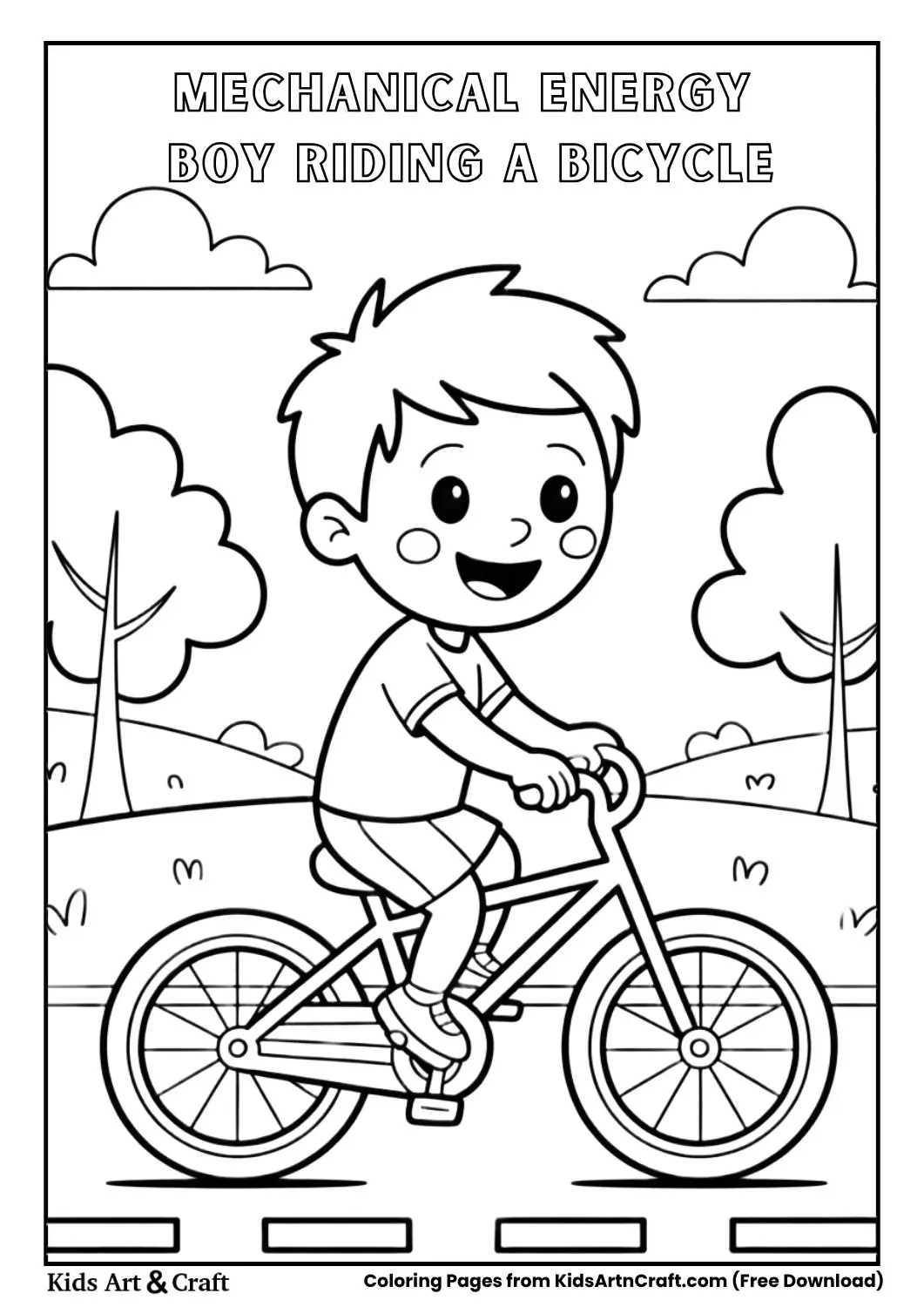 Boy riding a bicycle on a simple road smiling with clear wheels and minimal trees coloring page