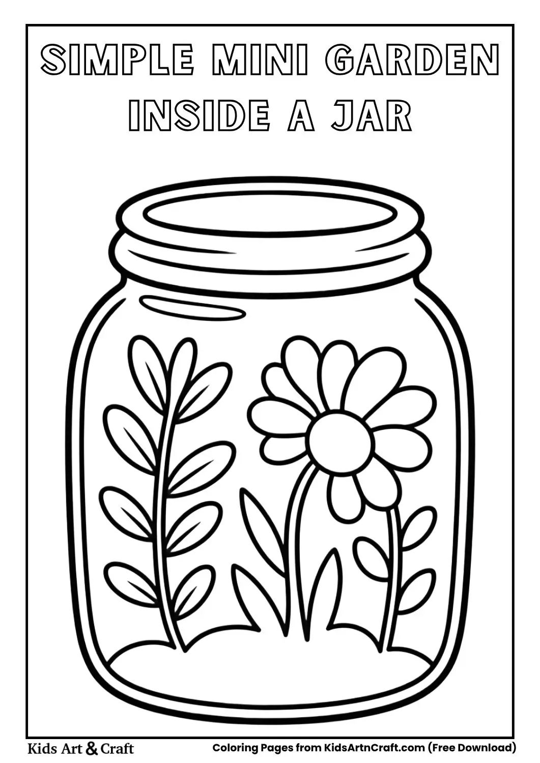 simple mini garden inside a jar with one small plant and stones black and white coloring page for kids
