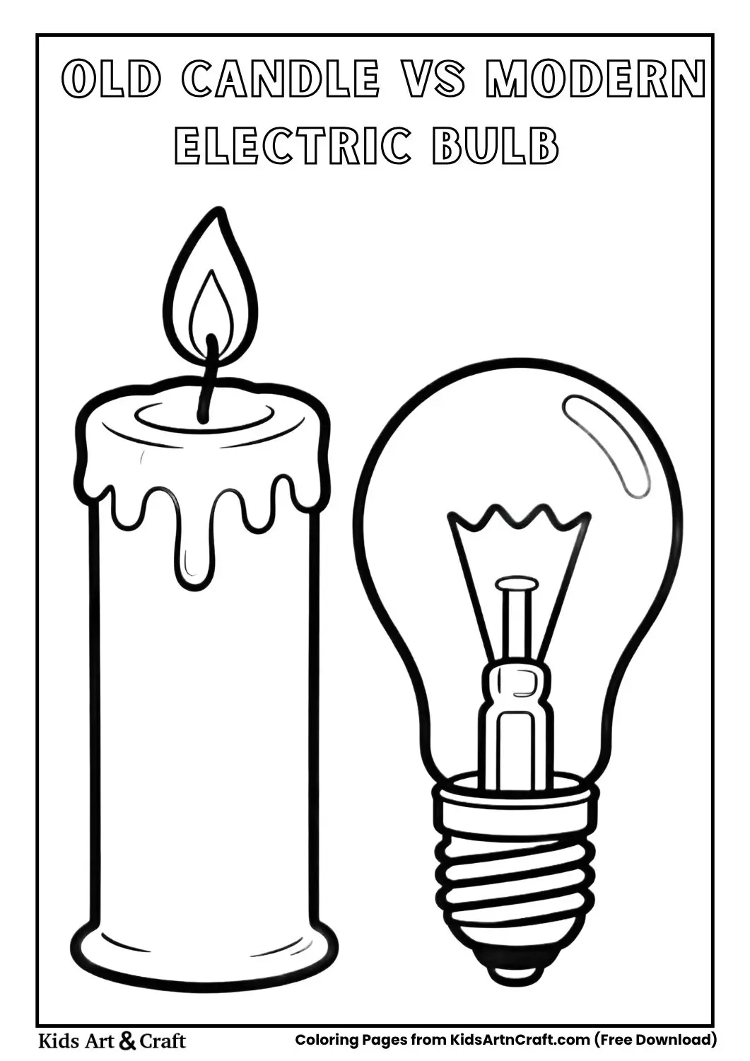 Old candle and modern electric bulb side-by-side simple coloring page for kids