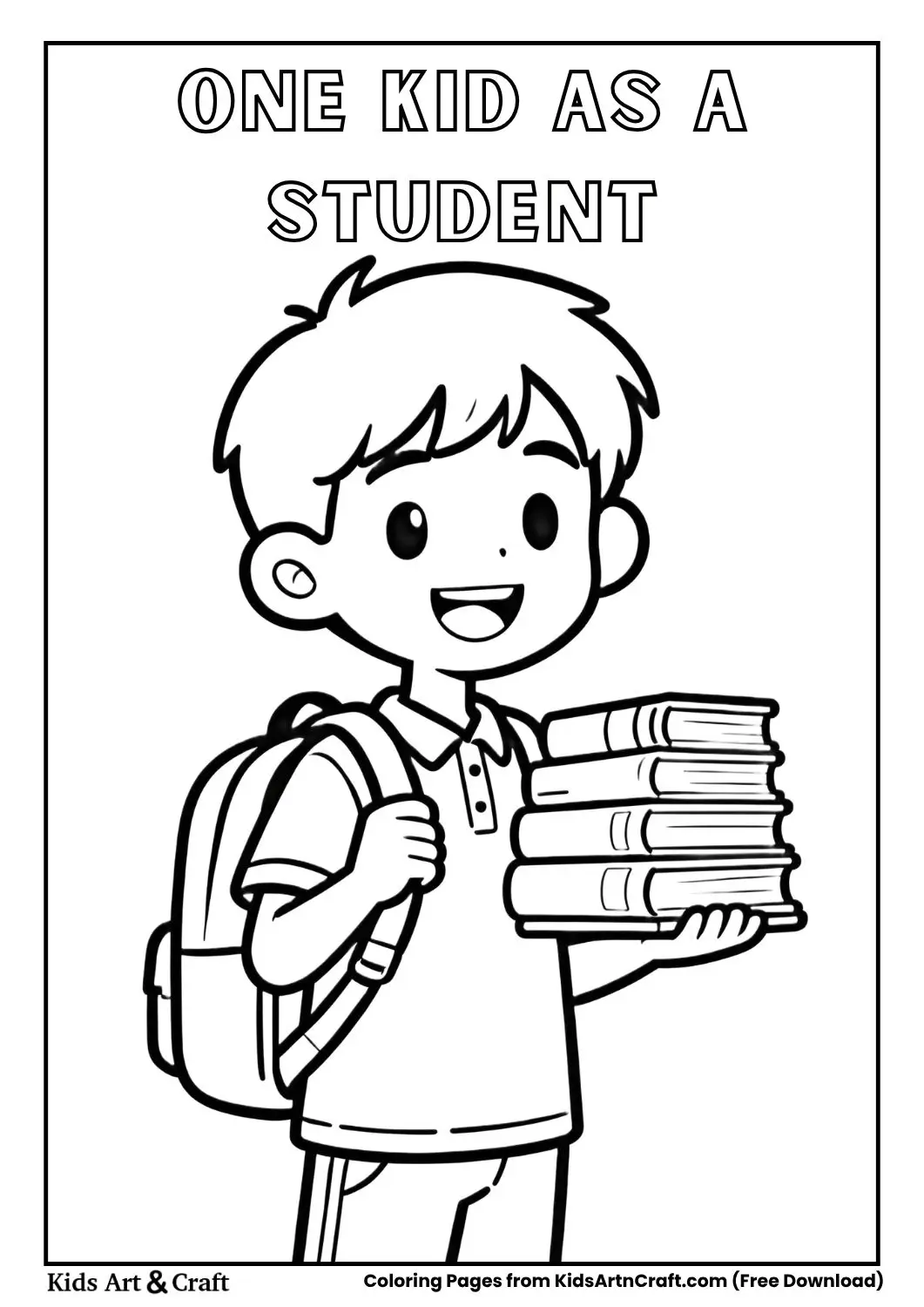 black and white coloring page of a child dressed as a student holding books and wearing a school uniform