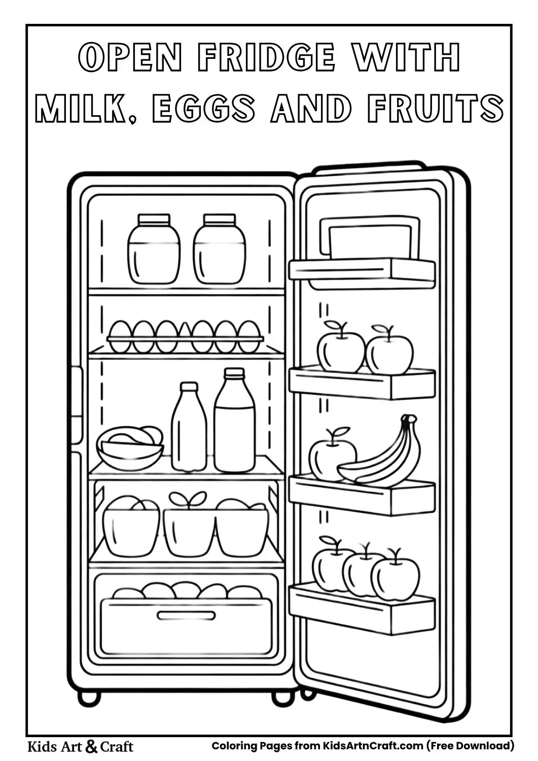 open refrigerator with milk bottle eggs and fruits black and white coloring page for kids
