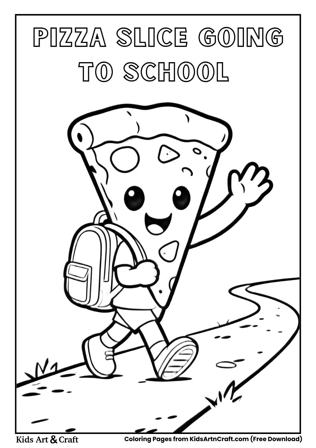 Cute pizza slice wearing a backpack walking to school coloring page