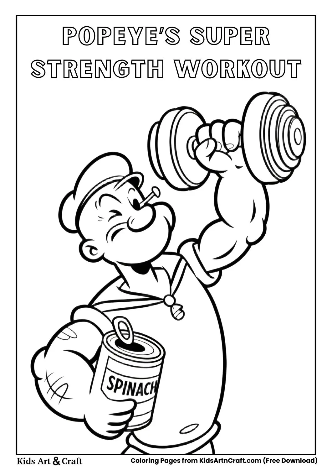 Popeye lifting a heavy dumbbell while holding a spinach can