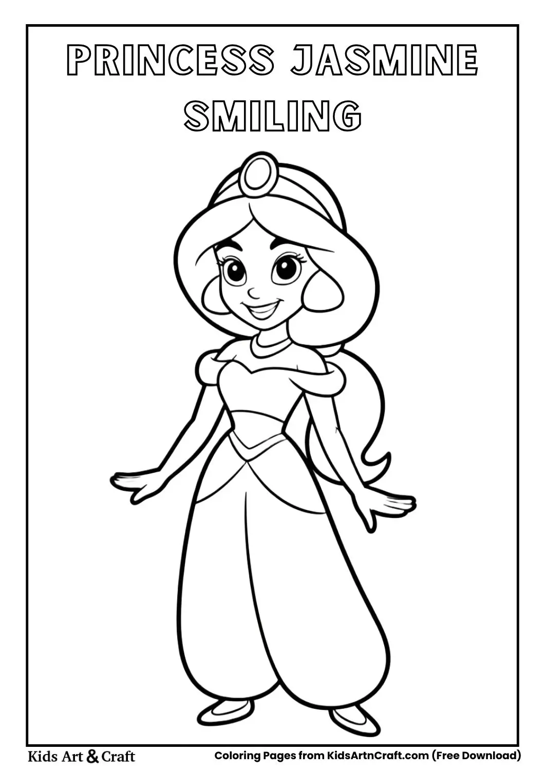 black and white Princess Jasmine smiling simple coloring page for kids