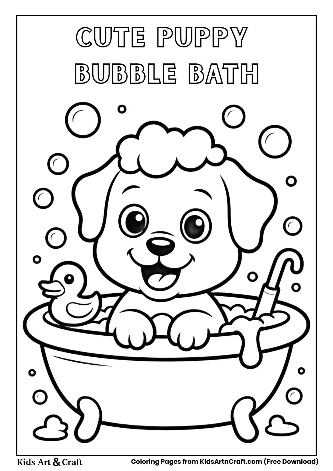 cute puppy enjoying bubble bath with rubber duck coloring page