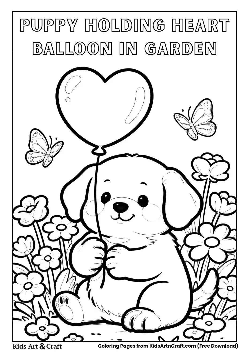 Black and white coloring page of a cute puppy holding a heart balloon in a flower garden