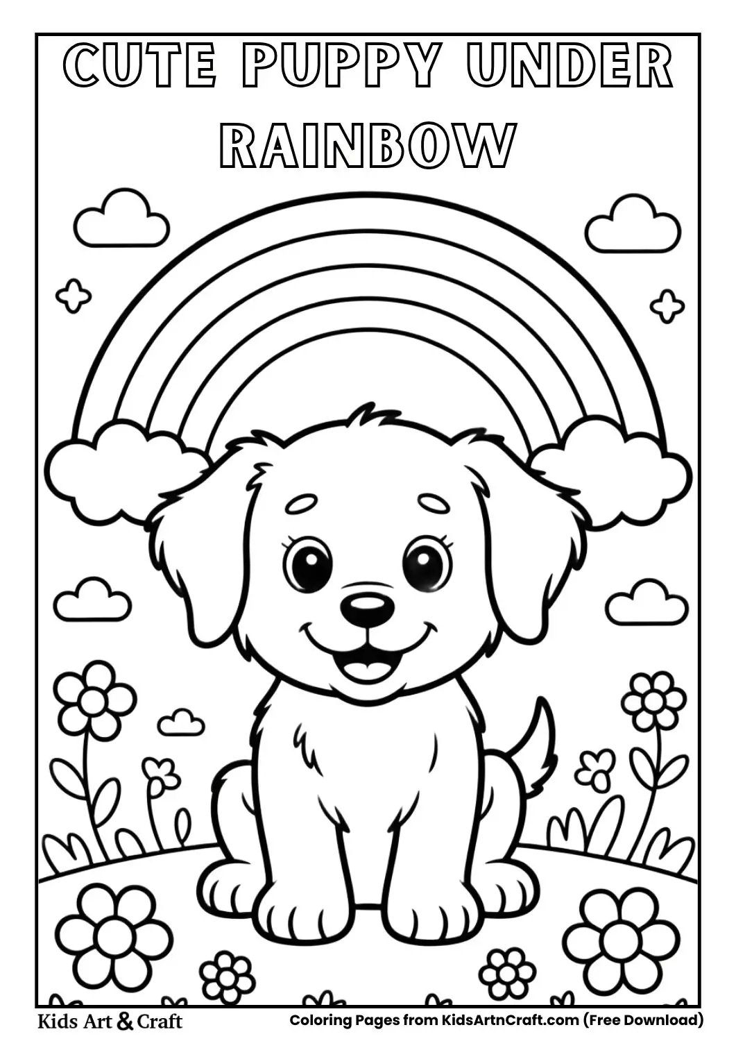 black and white coloring page of a cute puppy sitting under a rainbow with clouds and flowers