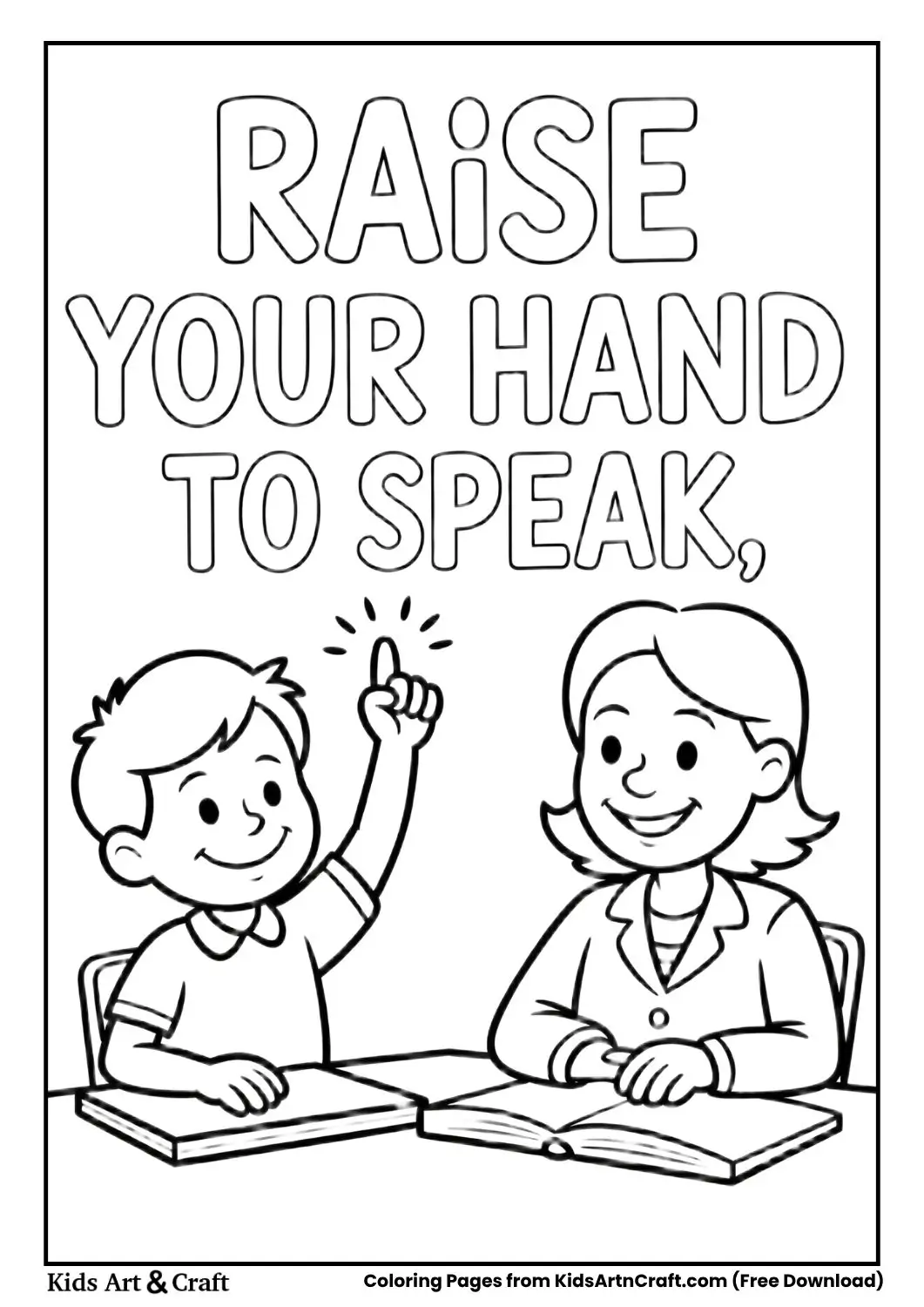 Child raising hand politely in classroom coloring page with rule text