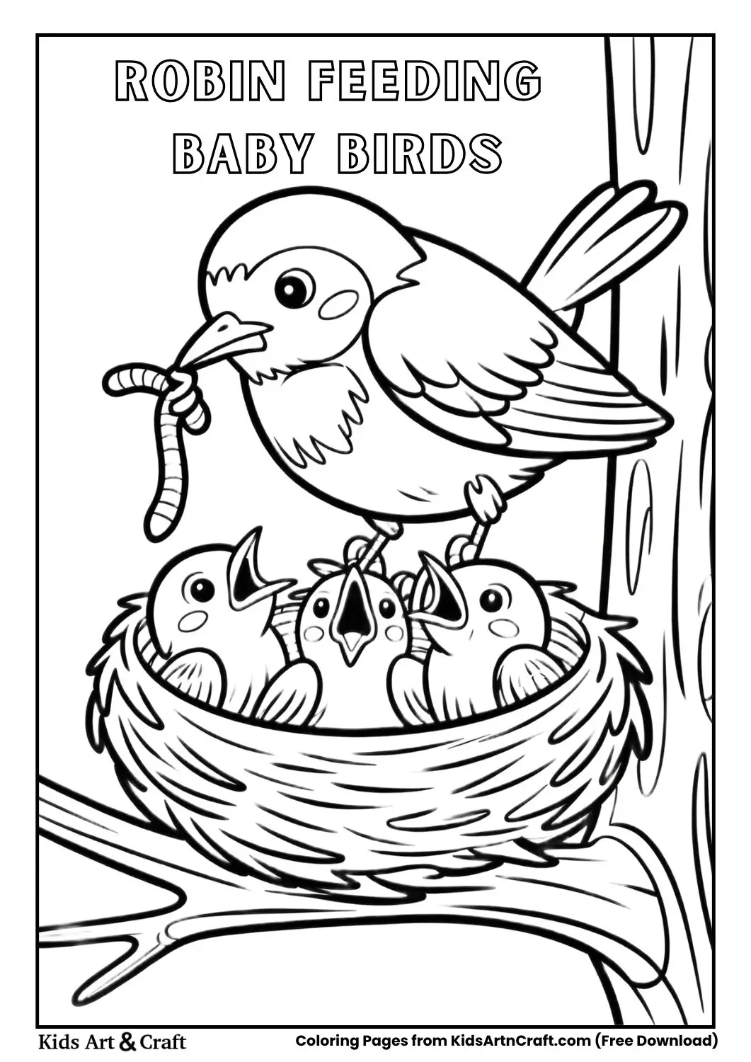 Parent robin feeding baby robins in a nest simple black and white coloring page for kids