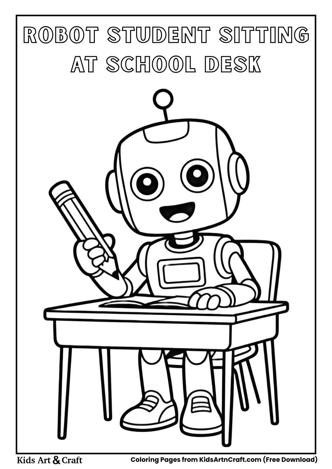 robot student sitting at a school desk holding a pencil black and white coloring page