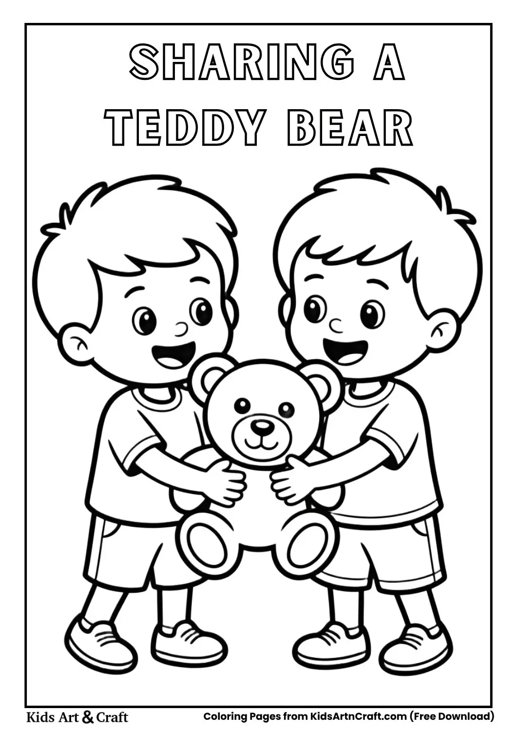 Two kids sharing a teddy bear simple coloring page for children