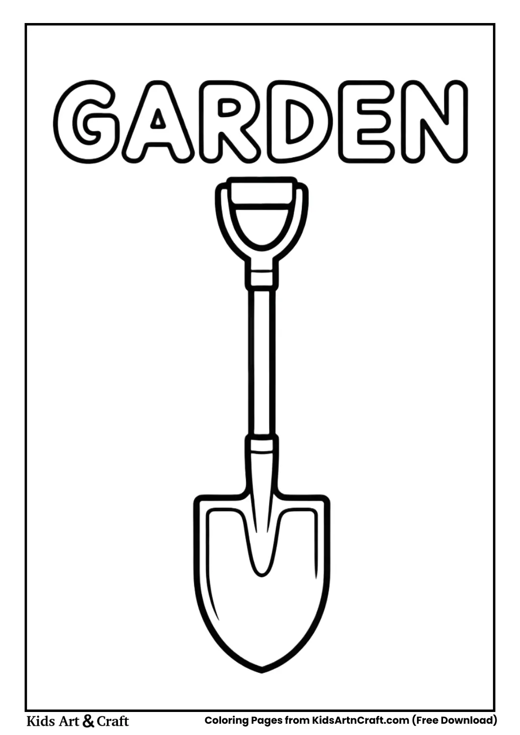 Black and white shovel coloring page with bold outlines and the word SHOVEL in bubble letters