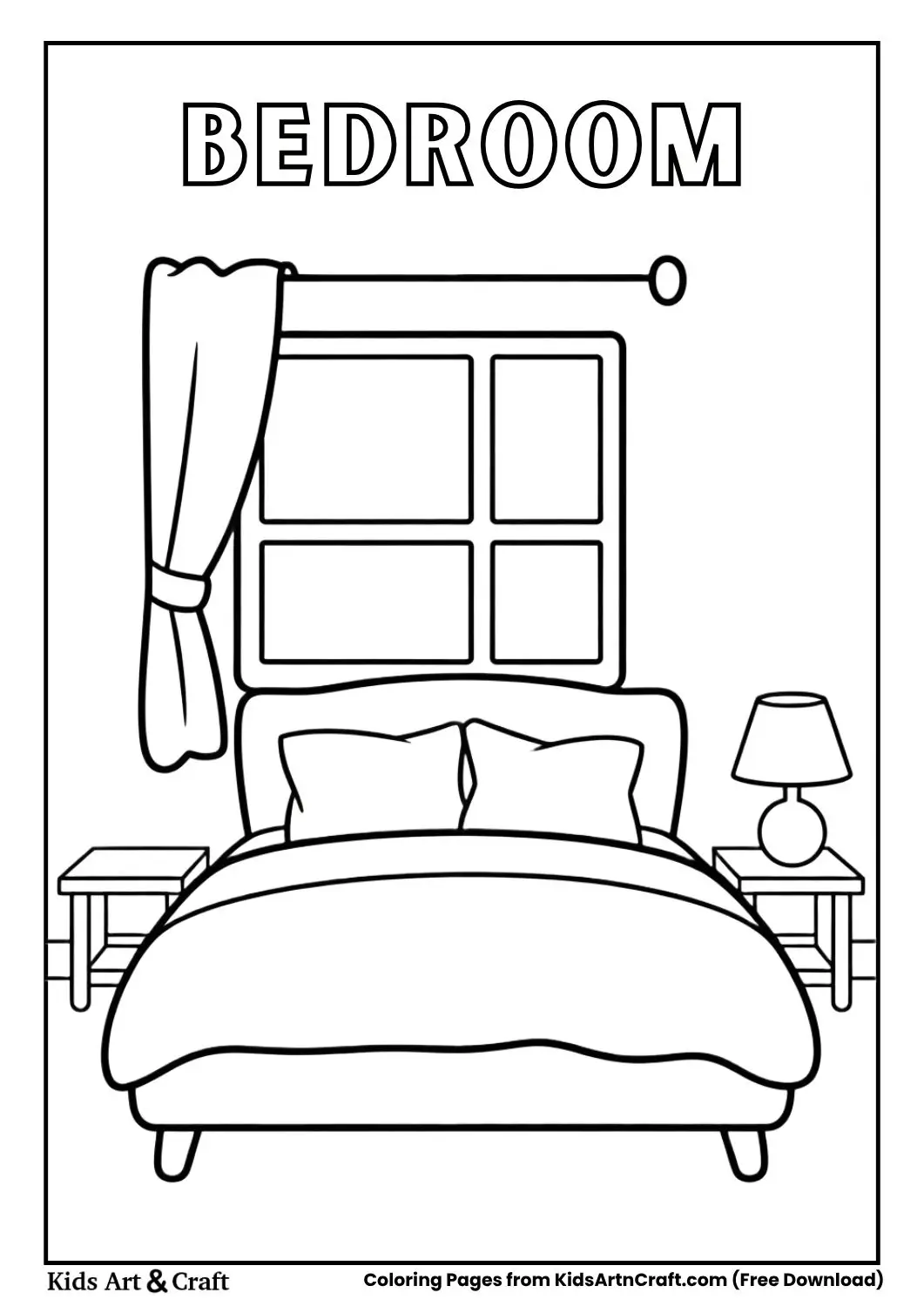 black and white simple bedroom coloring page with bed window and table for kids