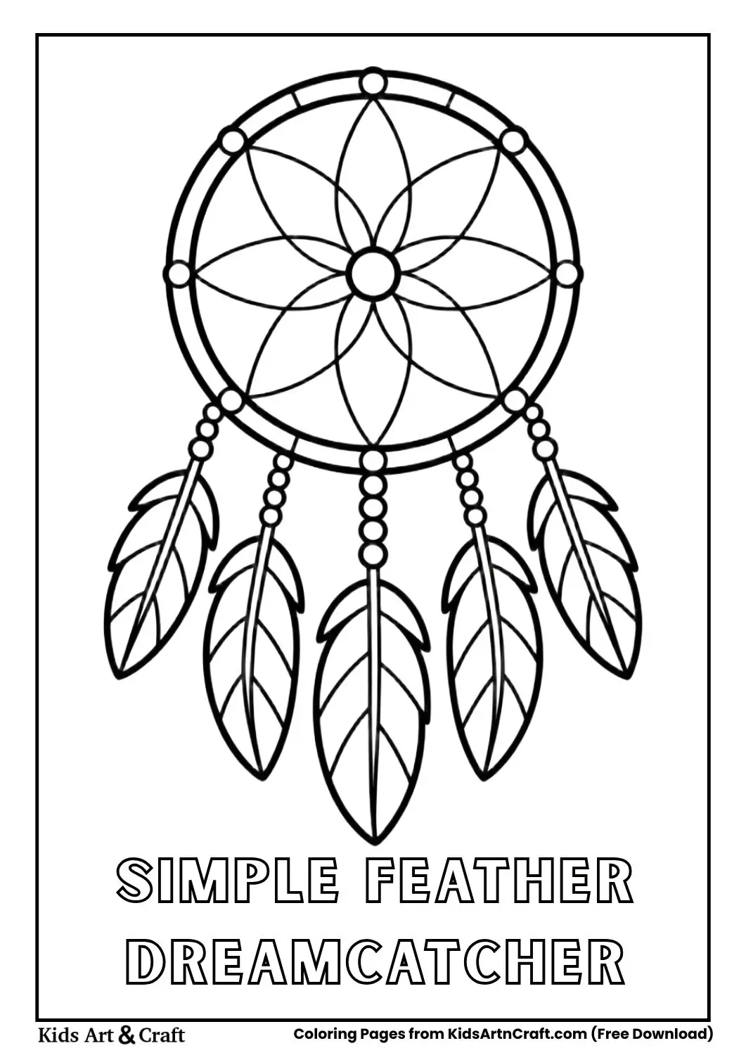 Simple dreamcatcher with five feathers and beads