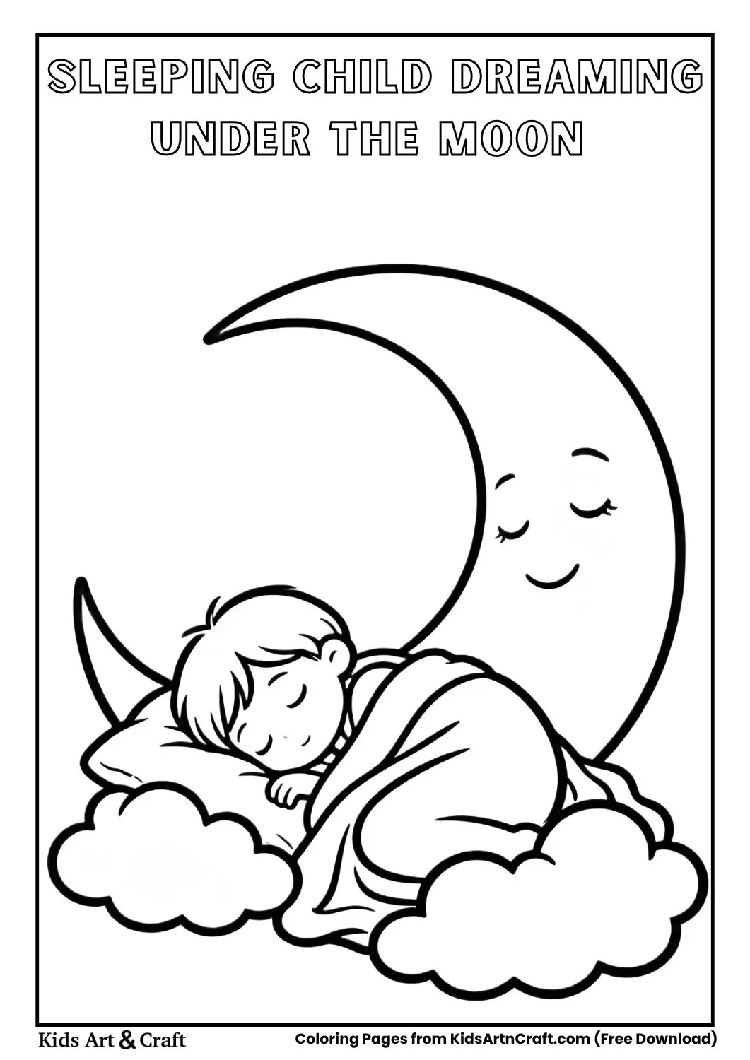 Sleeping child dreaming under a smiling moon and stars coloring page for kids