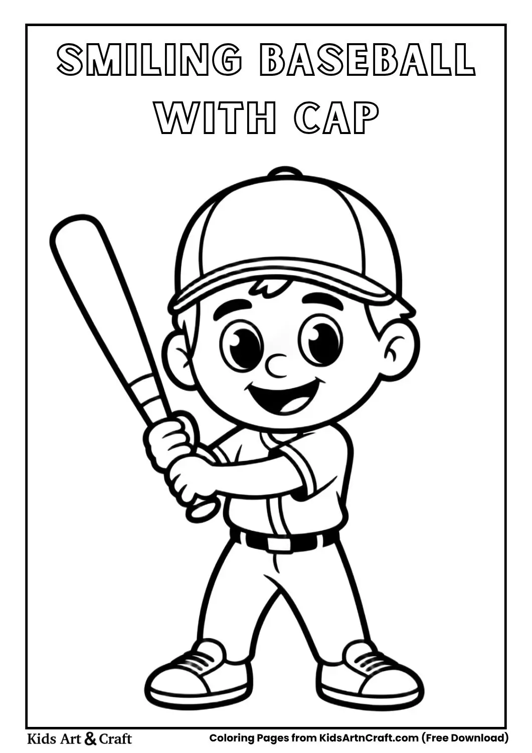 smiling cartoon baseball wearing a cap and holding a bat black and white coloring page