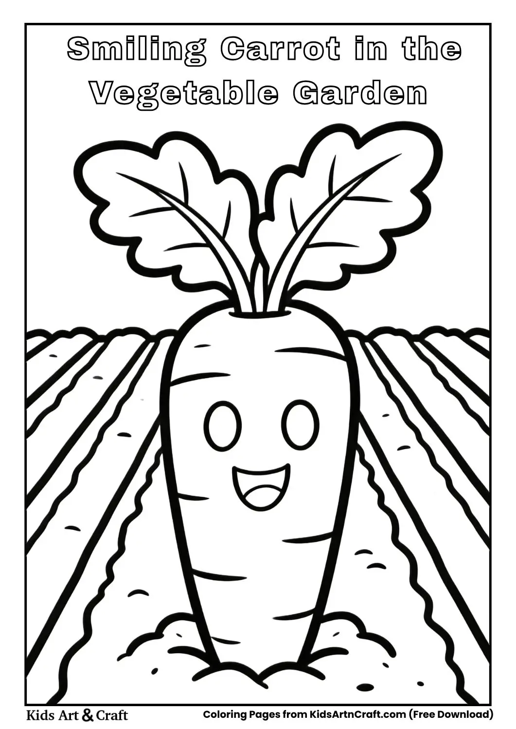 Black and white coloring page of a smiling carrot standing in a simple vegetable garden