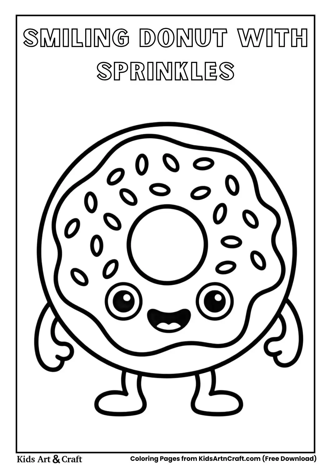 Cute smiling donut with sprinkles black and white coloring page for kids