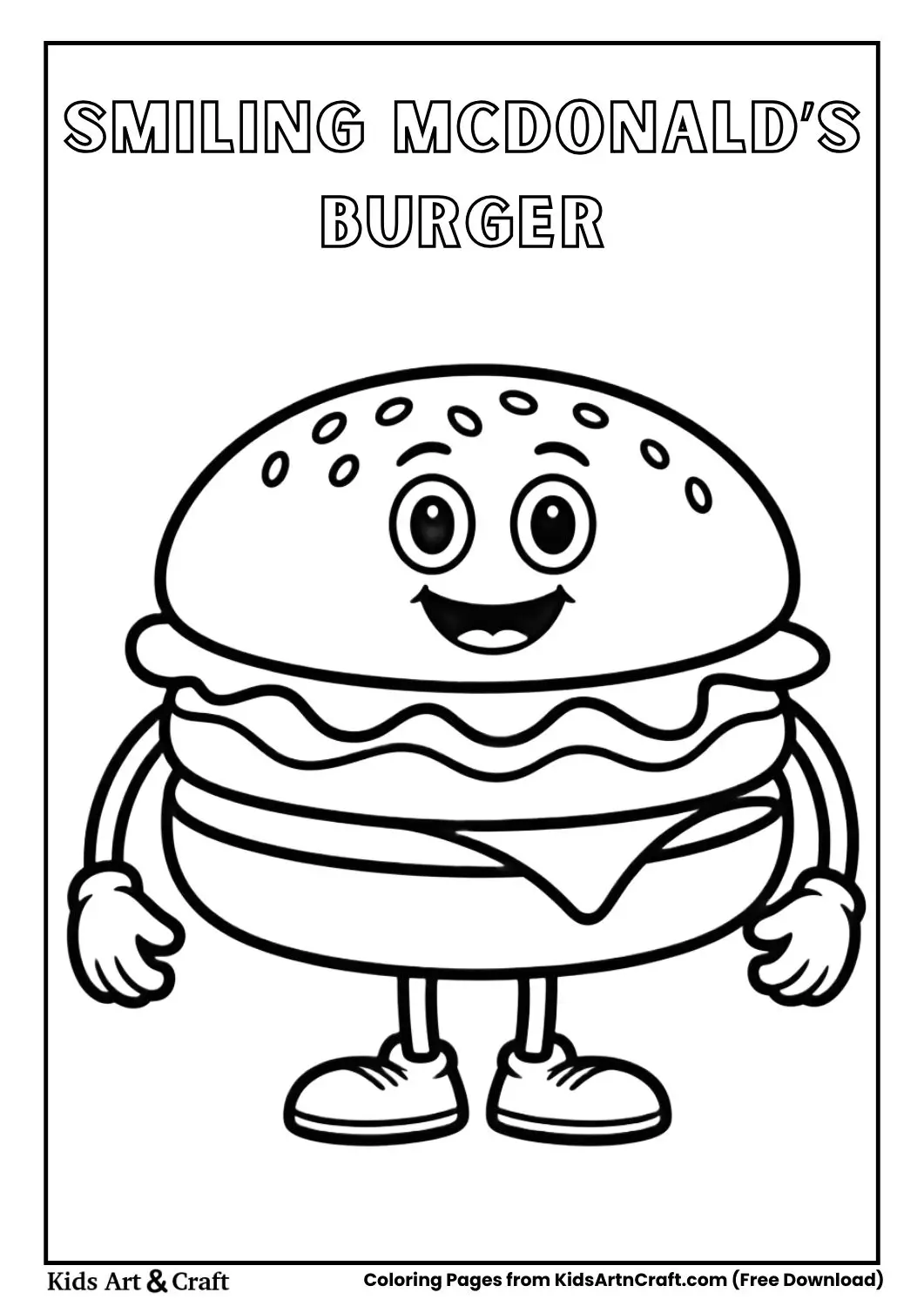 Simple smiling McDonald’s burger cartoon black and white coloring page for kids