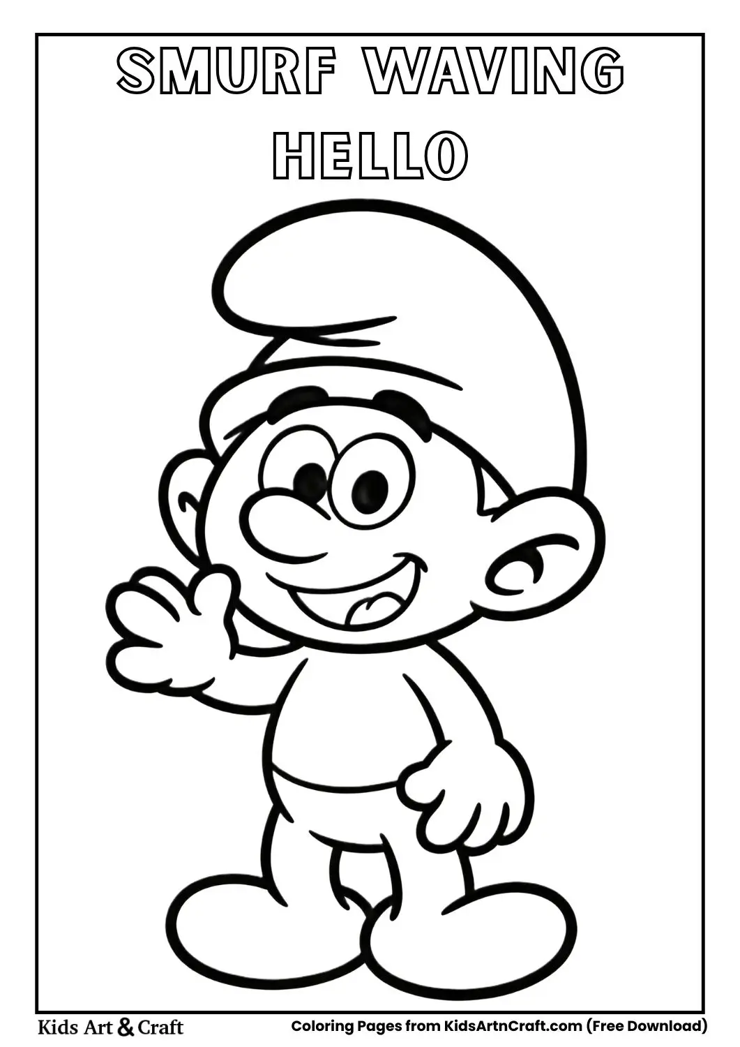 cute smurf waving hello simple black and white coloring page for kids
