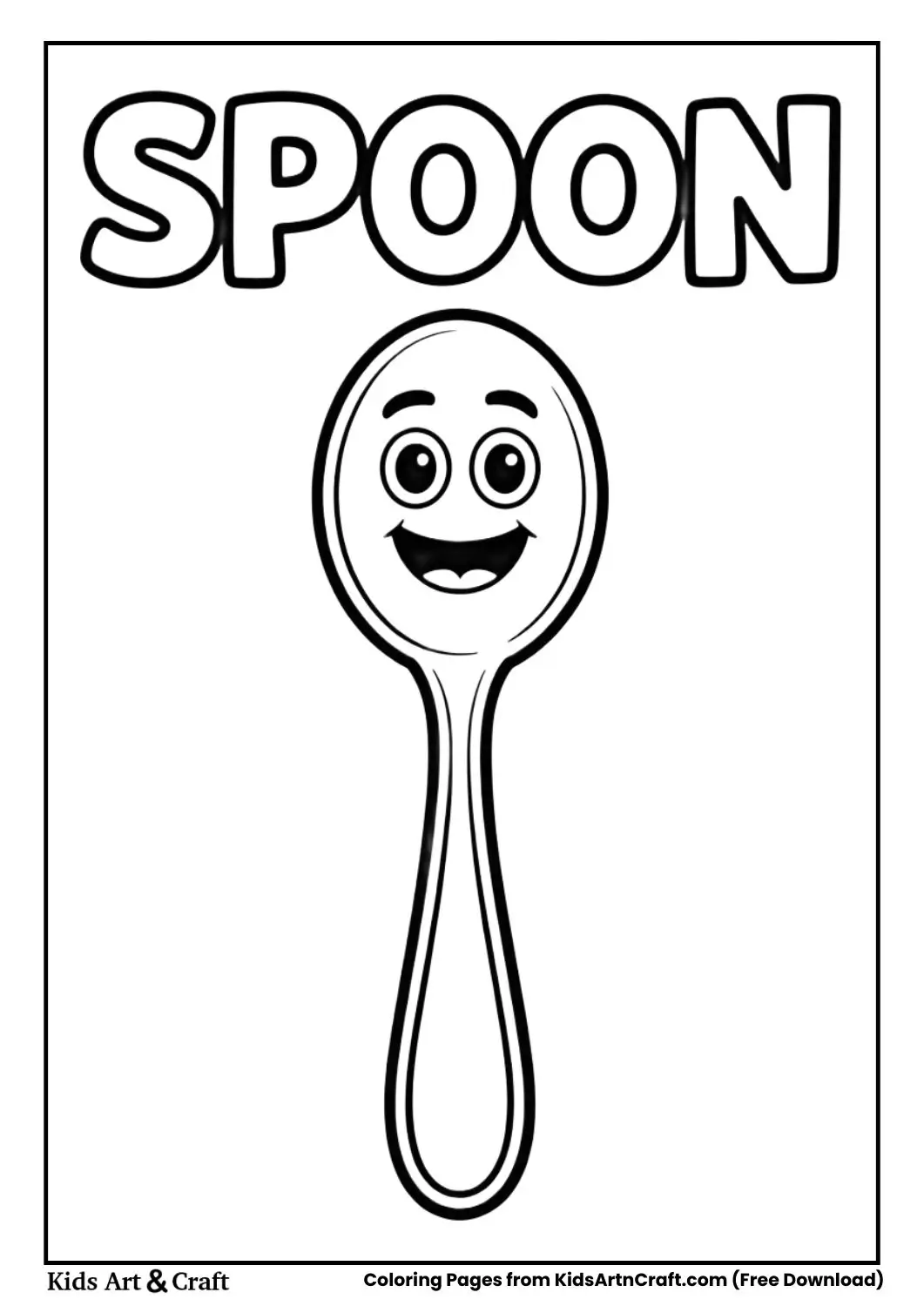 Cartoon spoon black and white coloring page with the word SPOON on top