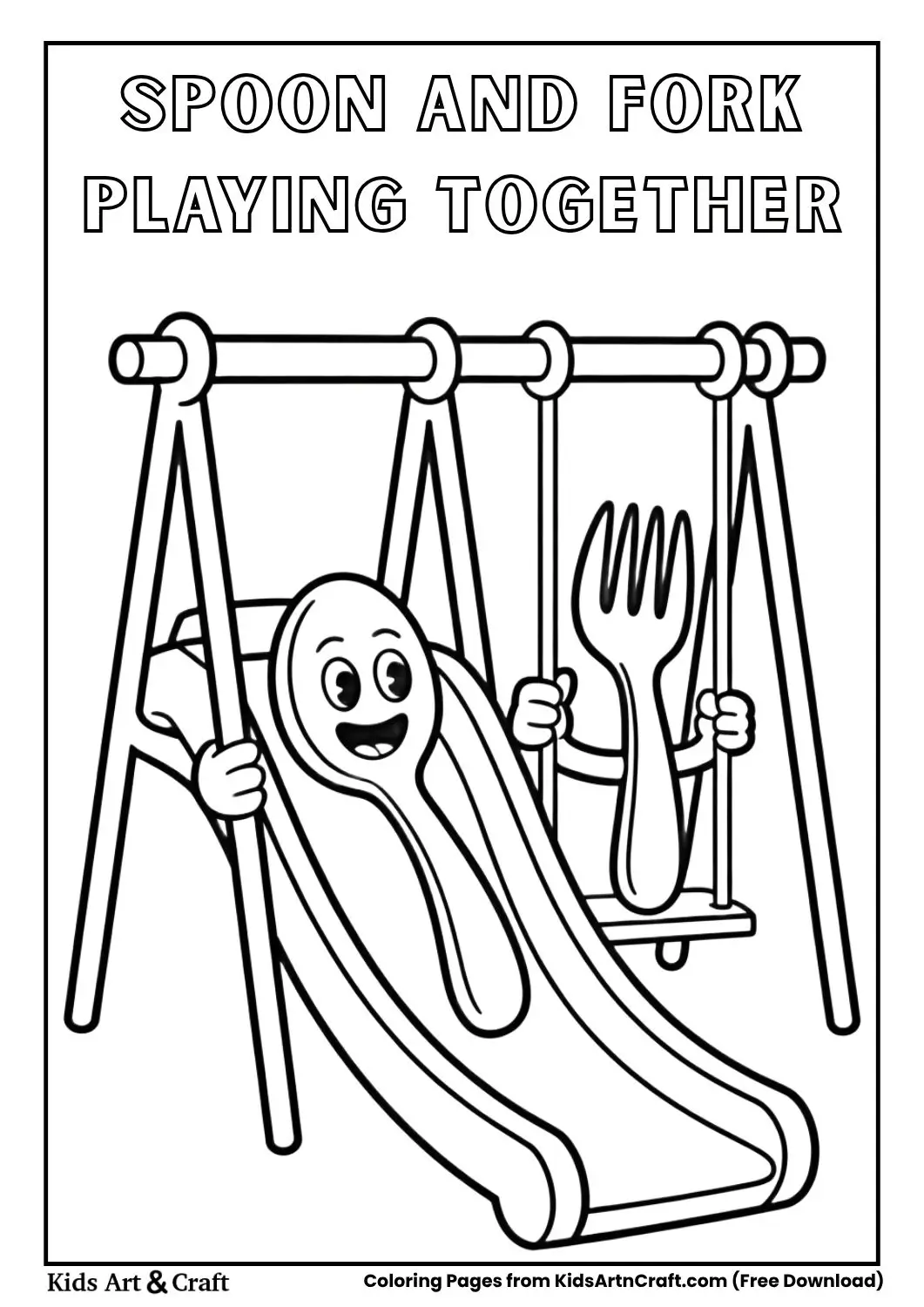 Spoon and fork playing together on a playground black and white kids coloring page