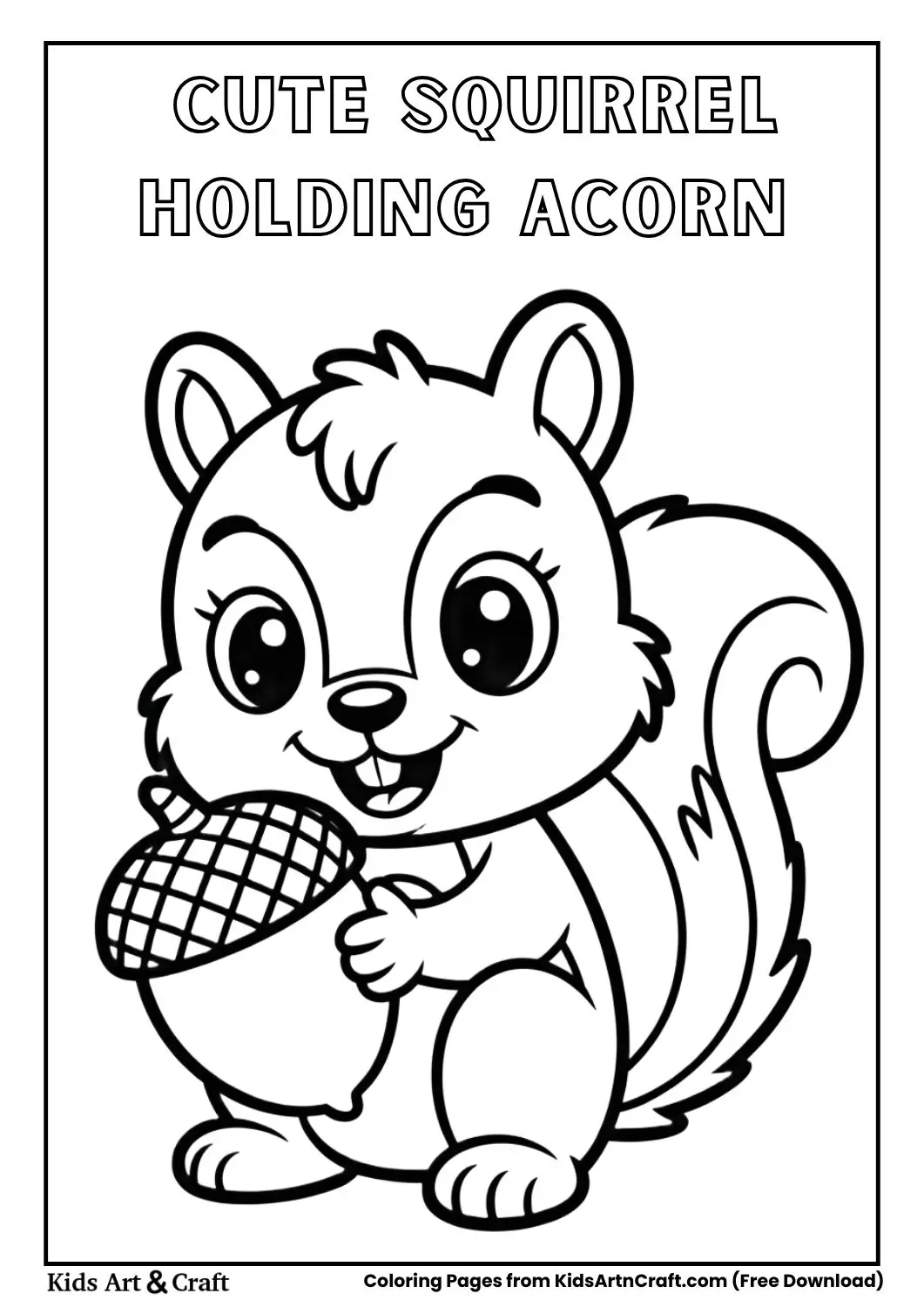 black and white cute squirrel holding an acorn coloring page for kids