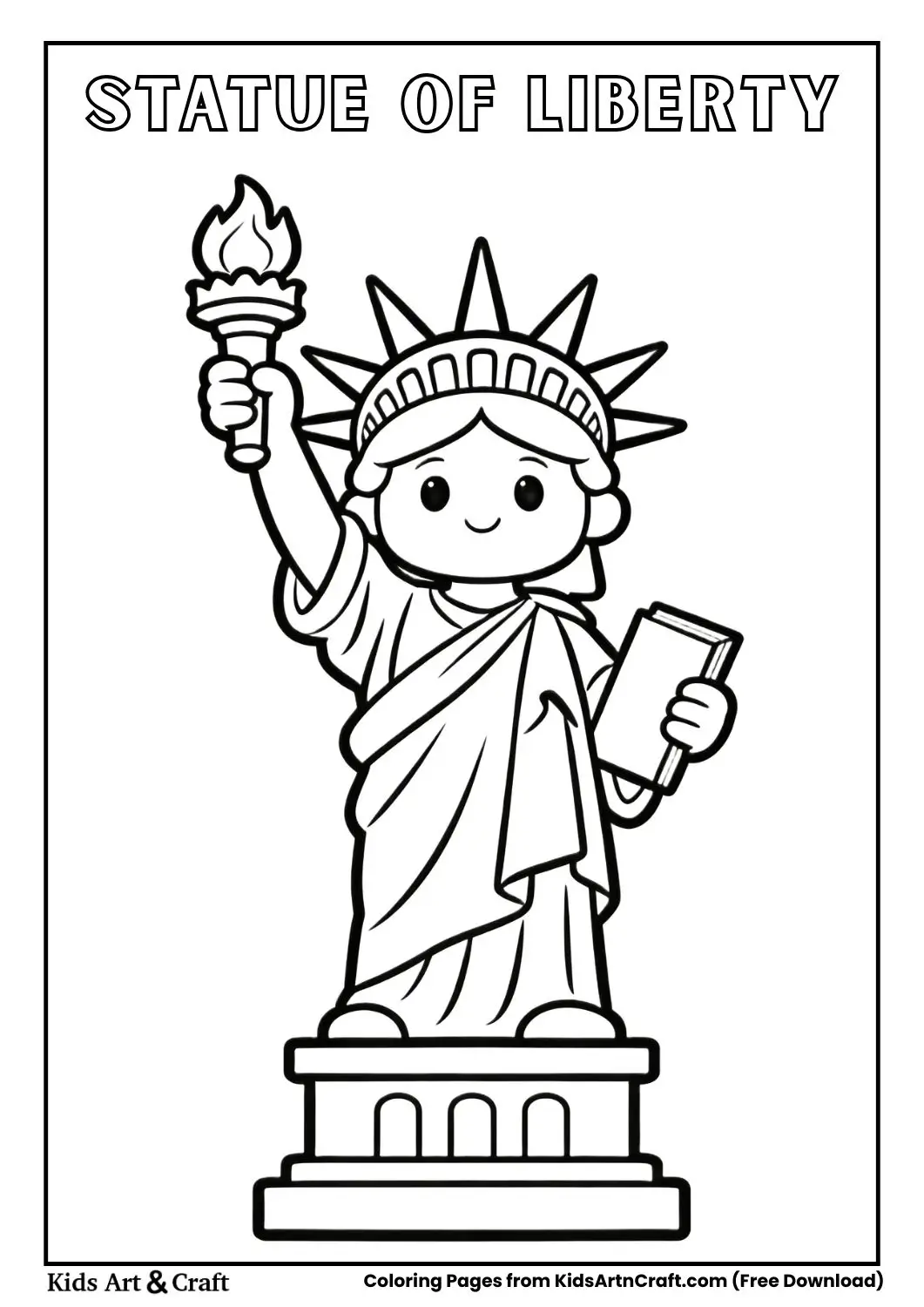 Black and white Statue of Liberty coloring page with bold outlines for kids