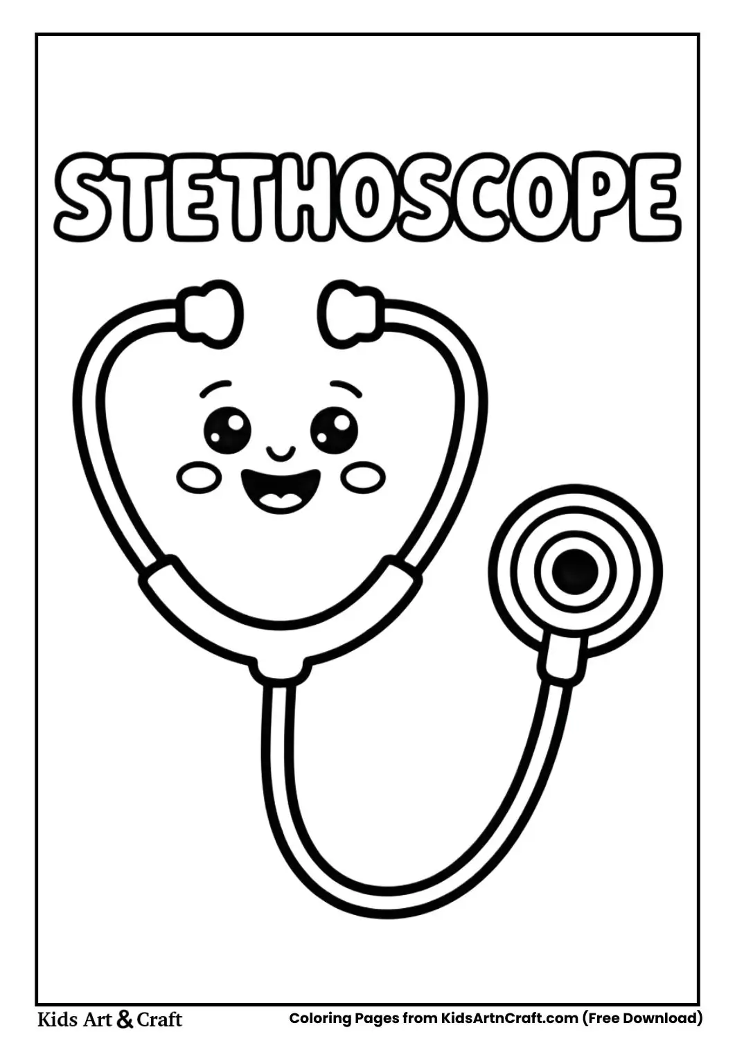 Cartoon stethoscope black and white coloring page for kids