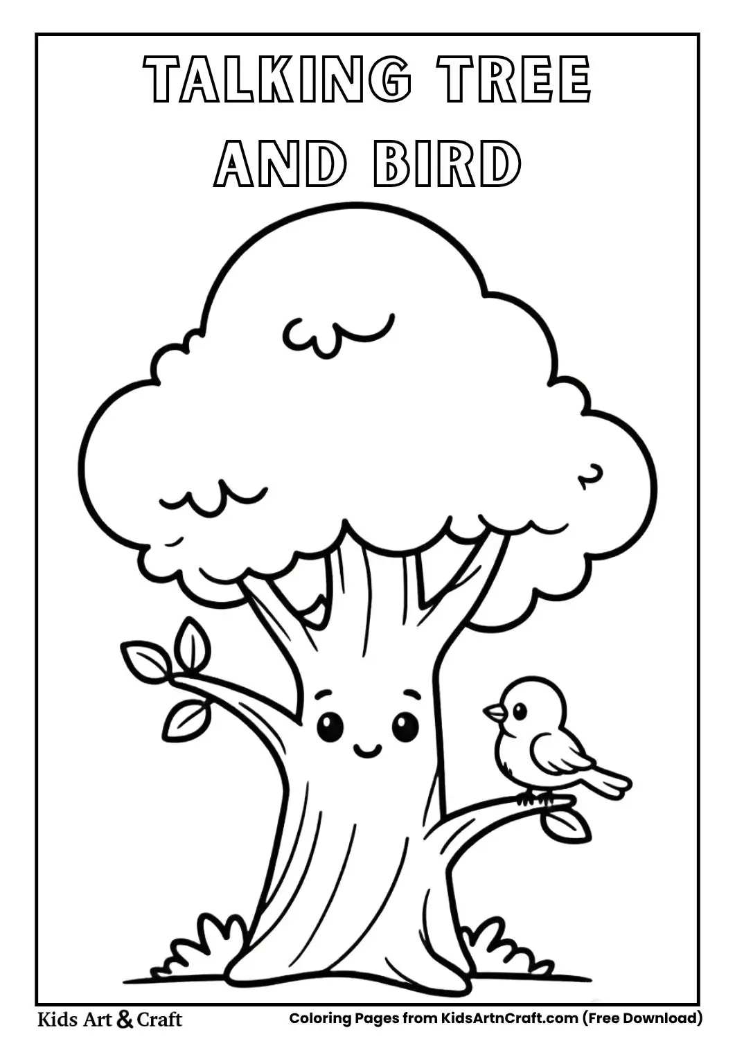 Cute tree with a smiling face talking to a small bird coloring page for kids