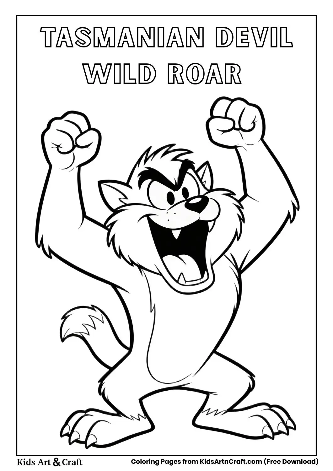 Tasmanian Devil roaring with arms raised coloring page