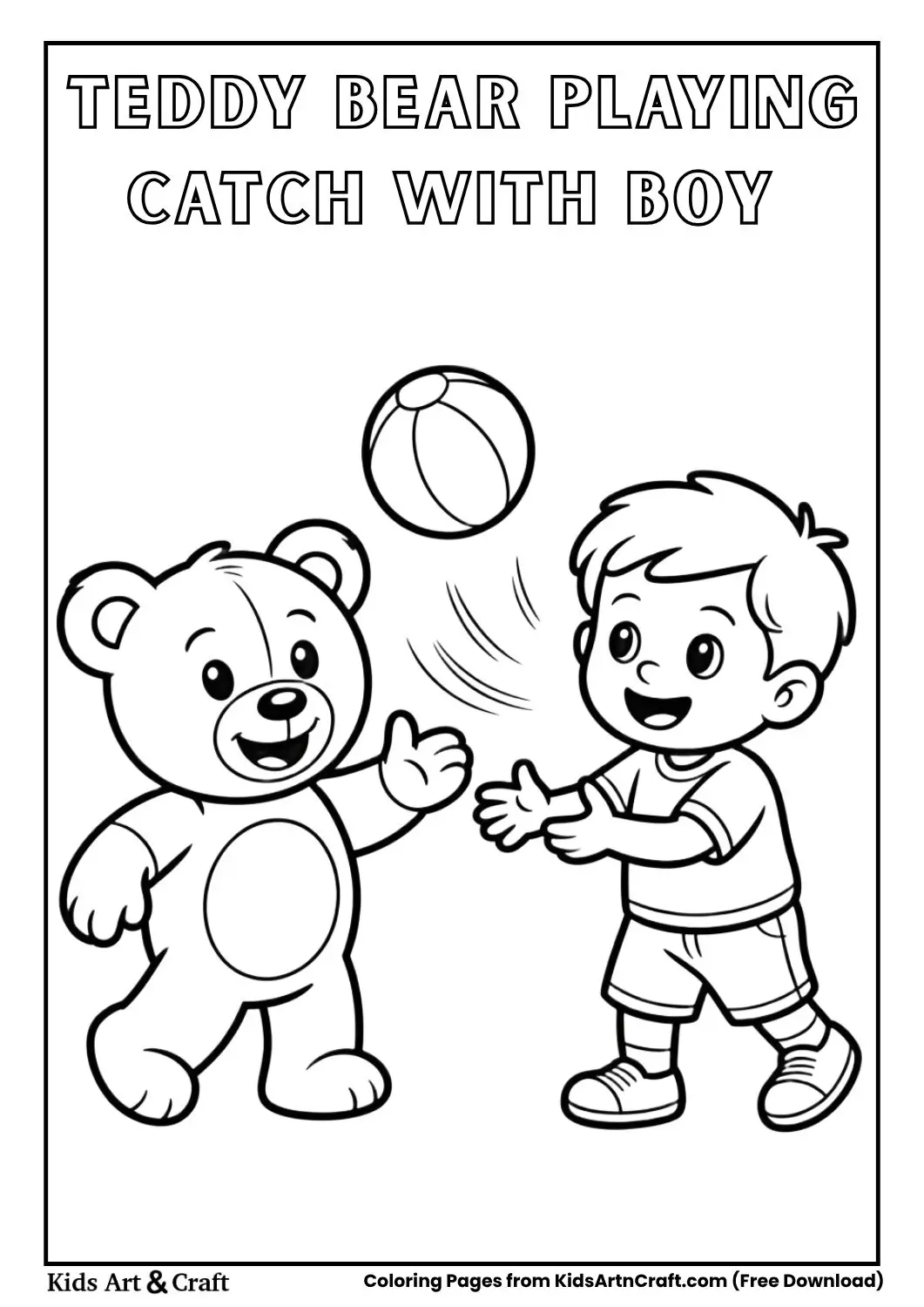 Teddy bear playing catch with a little boy black and white coloring page