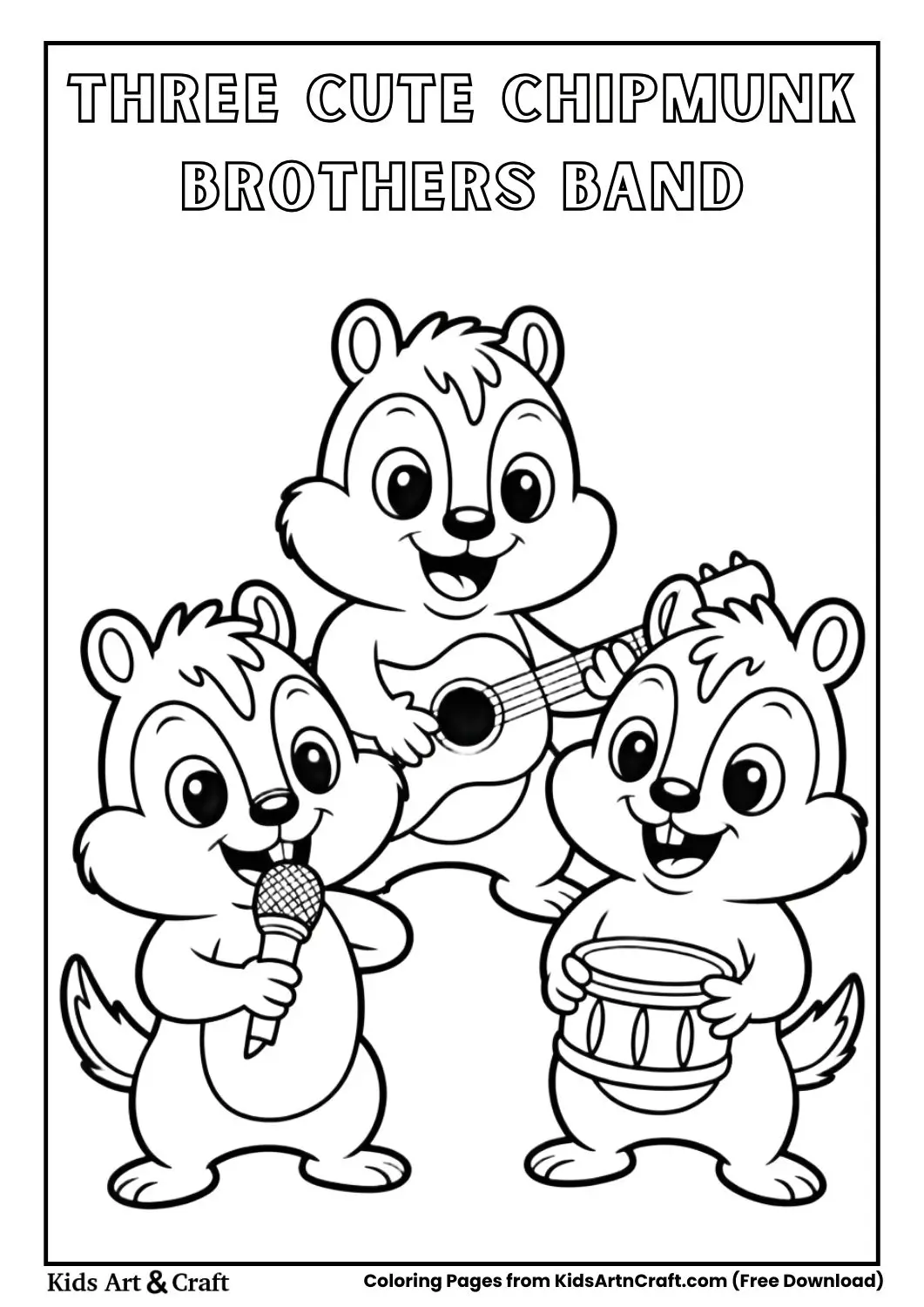 three cute cartoon chipmunk brothers performing as a band black and white coloring page