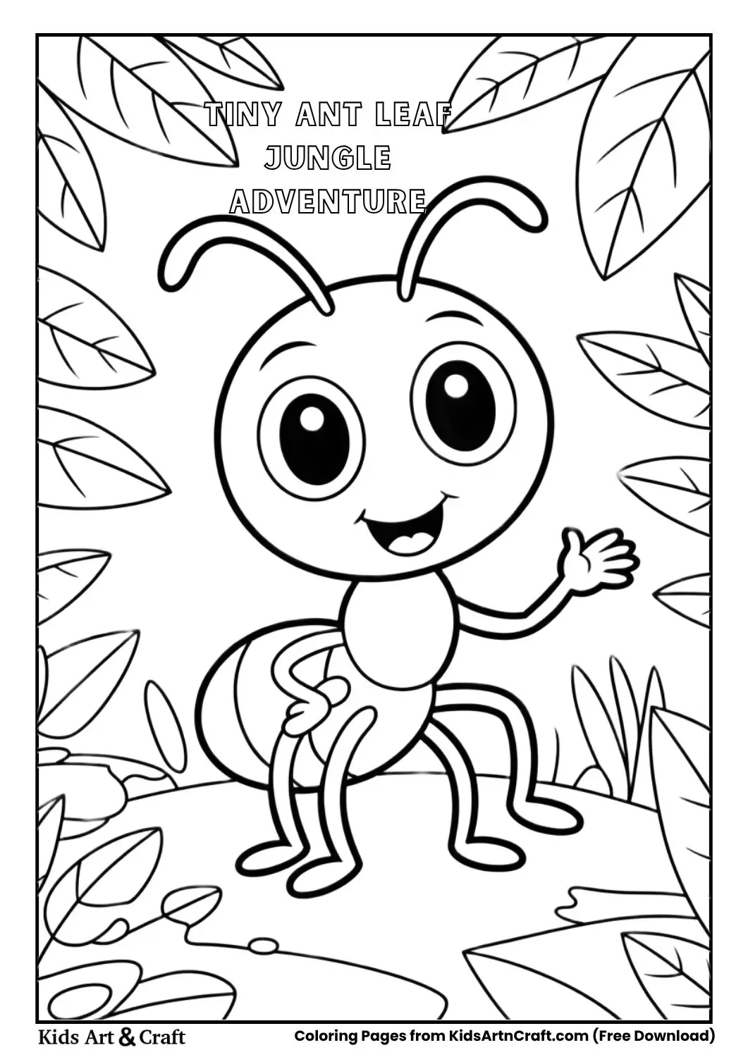 Tiny ant exploring a big leaf jungle black and white kids coloring page